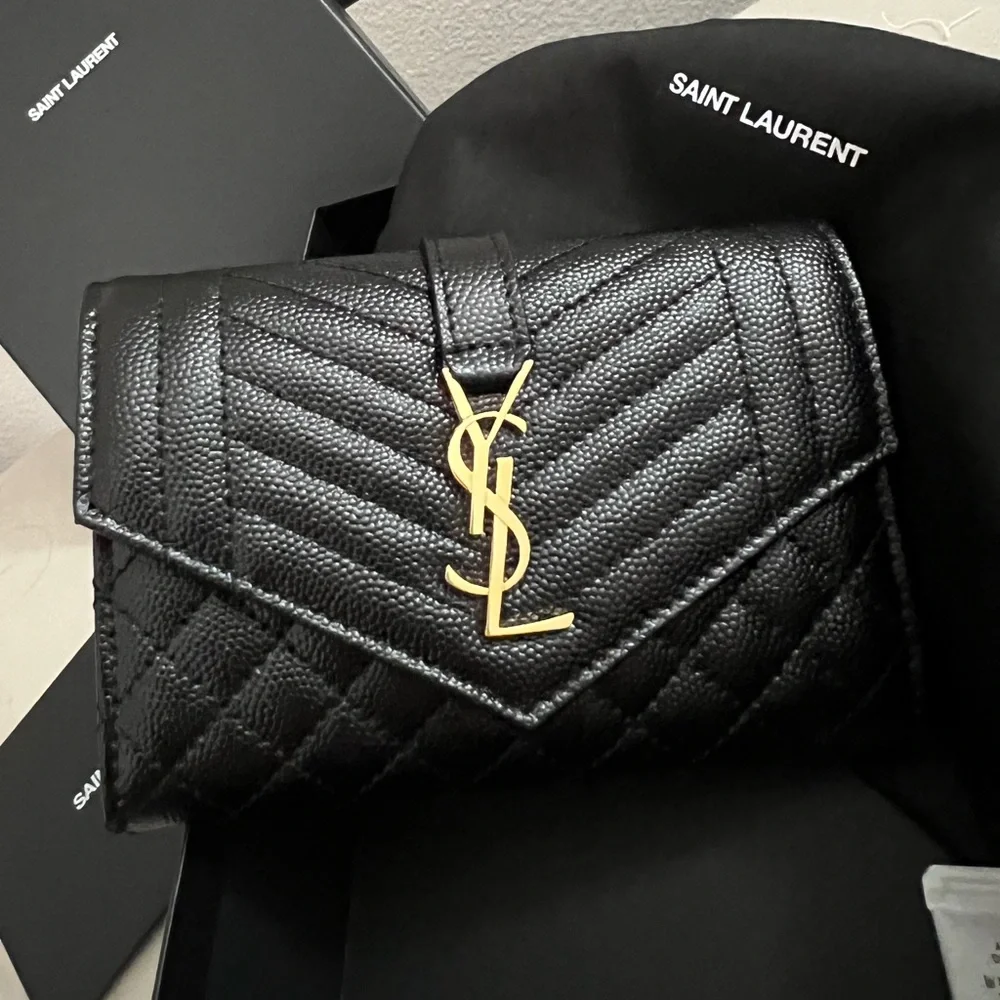 SOLD NEW YSL Saint Laurent Gold Monogram quilted leather wallet clutch - Picture 12 of 12